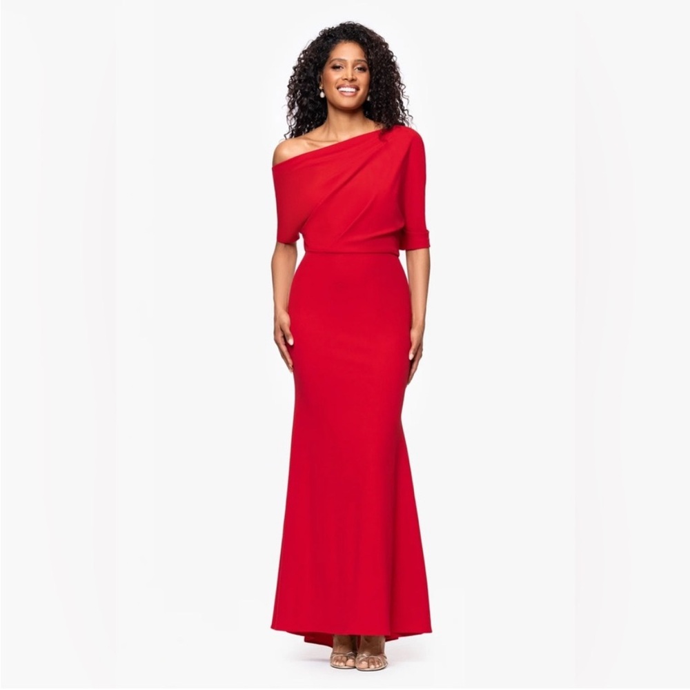 Betsy & Adam Red One Shoulder Gown SZ 6 NWT Formal Evening Dress GALA MODEST MOB